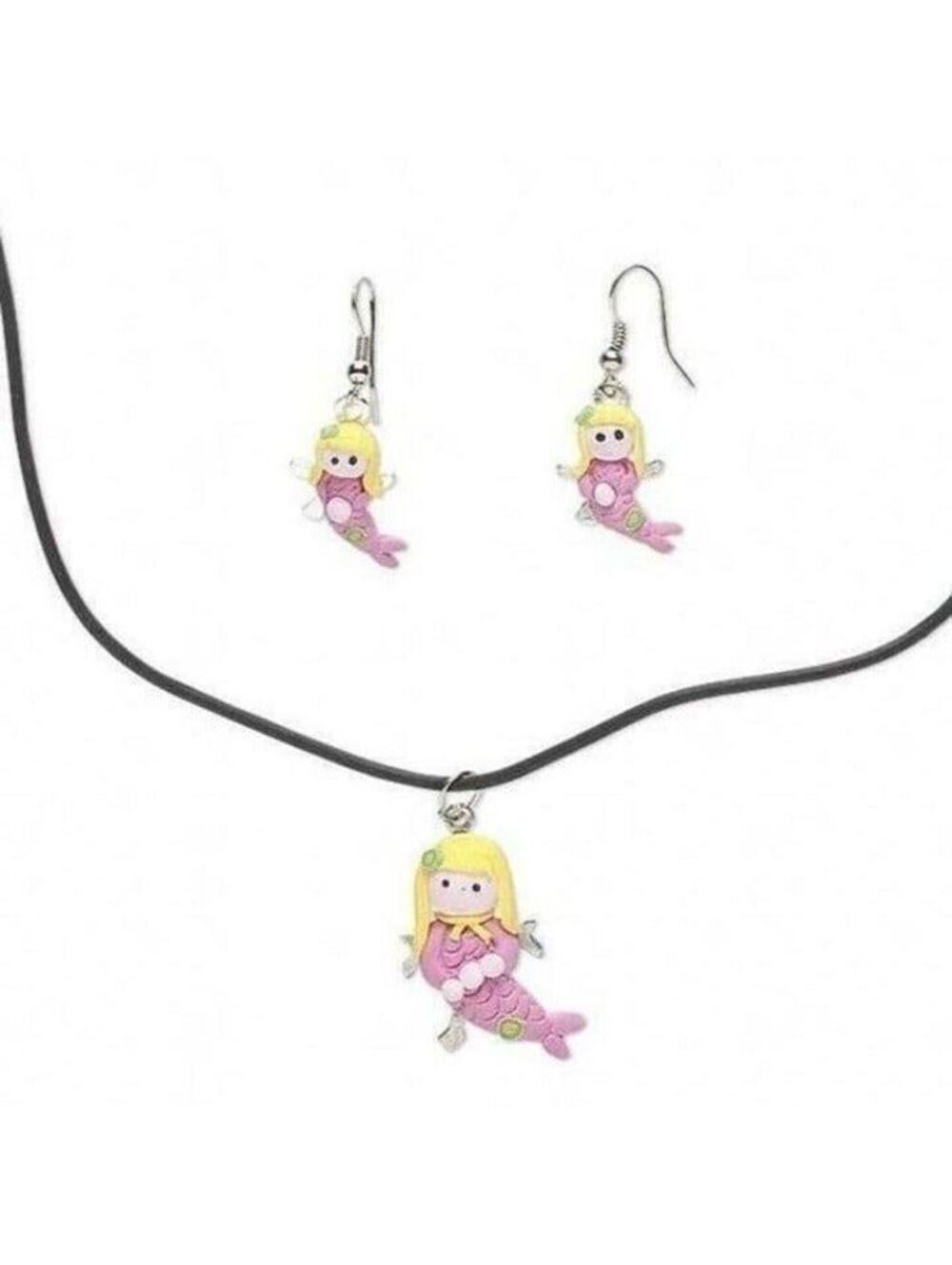 BARBIE CORE Handmade Pink Mermaid Polymer Clay Necklace Earrings Jewelry Set